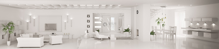 现代公寓的白色内室内3d型全景前厅家具座位用餐扶手椅桌子窗户房子楼梯建筑学图片