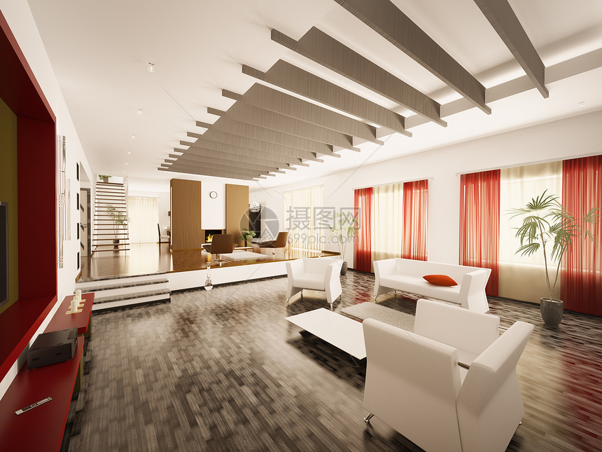 现代室内客厅3d楼梯房间棕色家具沙发红色扶手椅木头壁炉桌子图片