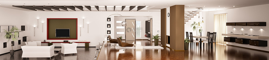 现代公寓内部全景3d型桌子座位家具窗户沙发椅子长椅建筑学地面房间图片