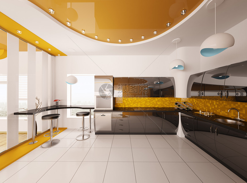 现代厨房内部设计 3d Made橙子桌子烤箱金属地面合金房间龙头白色瓷砖图片