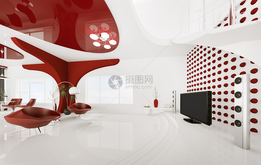 现代3d号客厅室内家具圆形建筑学地面红色房子窗户桌子白色天花板图片