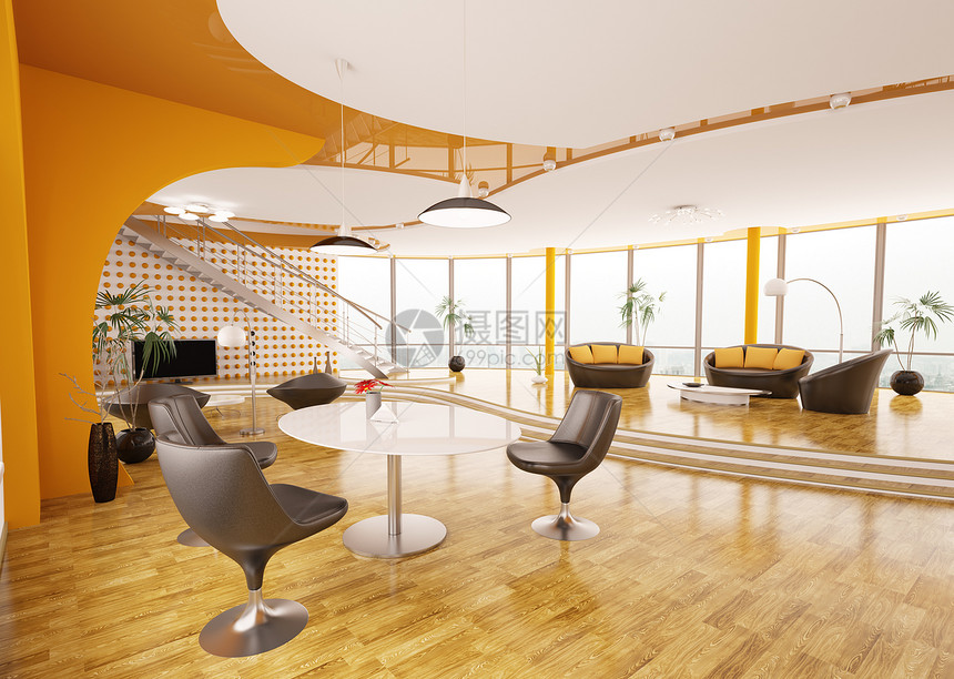 现代公寓内部设计 3d型橙子木头木地板黑色椅子座位窗户用餐扶手椅白色图片