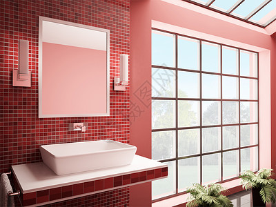 红色瓷砖红洗手间内部3d背景