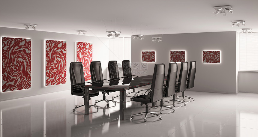 会议室室内3d地面房间红色椅子扶手椅桌子皮革白色职场瓷砖图片