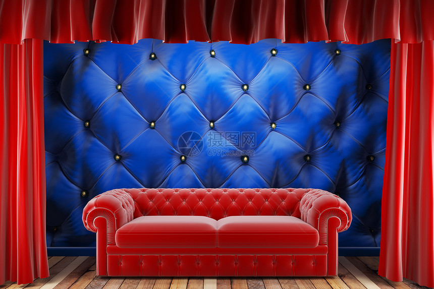 带沙发的红布窗帘娱乐装饰天鹅绒风格展示奢华织物装潢衣服木头图片