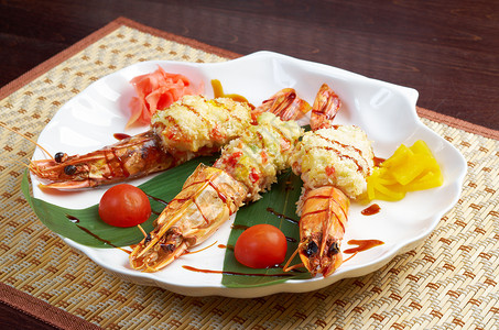 皇家虎虾小吃海鲜平方餐厅美食盘子沙拉食物烹饪老虎背景图片