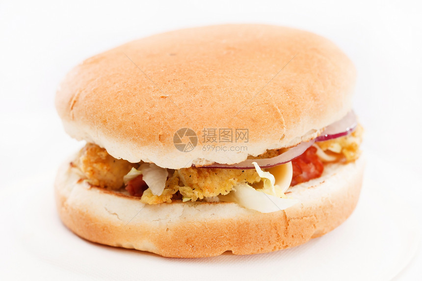 鸡肉汉堡加蔬菜营养包子洋葱盘子熏肉饮食小吃油炸午餐食物图片