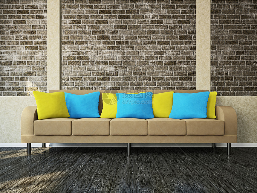 带沙发的房间生活长沙发时尚装饰柱子座位枕头蓝色木地板木板图片