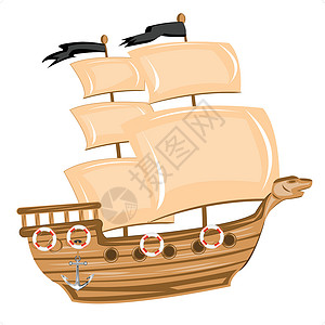 海盗船背景航行卡通片运输救生圈白色桅杆旗帜绘画绝缘背景图片