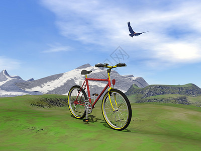 红色山地自行车  3D运动车轮踏板爬坡假期速度冒险骑术岩石旅行背景图片