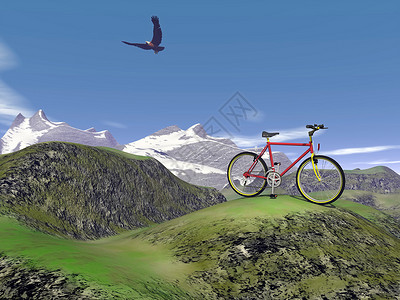 红色山地自行车  3D假期旅游骑术岩石运动速度闲暇车轮旅行冒险背景图片