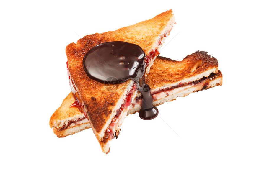 三明治加果酱和巧克力白色传播坚果育肥奶油状小麦饮食早餐棕色小吃图片