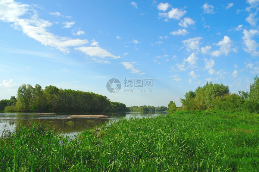 美丽的夏季风景场地晴天公园木头乡村森林池塘阳光草地天空图片