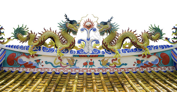 寺庙屋顶的中国风格龙雕像双胞胎动物怪物监护人节日传统文化蓝色宗教艺术背景图片