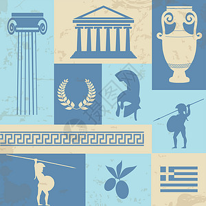 地中海建筑希腊古老海报上的希腊标志和地标插画
