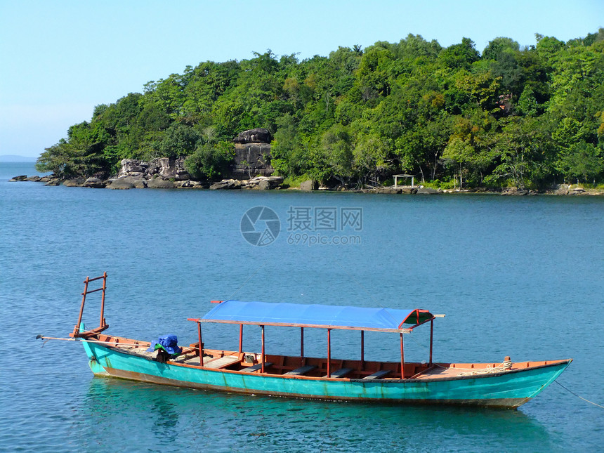 柬埔寨传统木制船旅游竹子天堂海岸线海湾钓鱼海洋绿色支撑海岸图片