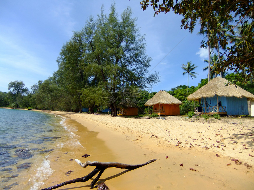 柬埔寨 泰国湾 Koh Russei岛的桑迪海滩海岸线绿色支撑棕榈海湾海岸平房天堂海洋竹子图片