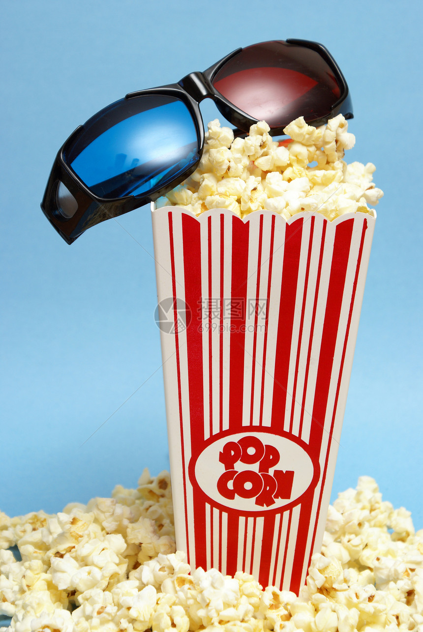 3D 电影娱乐剧院爆米花闲暇小吃眼镜静物食物展示乐趣图片