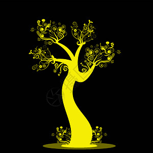 艺术树植物插图风格树干生长叶子漩涡黄色黑色装饰背景图片