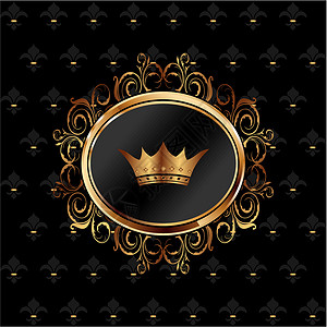 钛金板具有花板框架和王冠的古老背景标签黑色庆典奢华风格卡片装饰皇家遗传金子插画