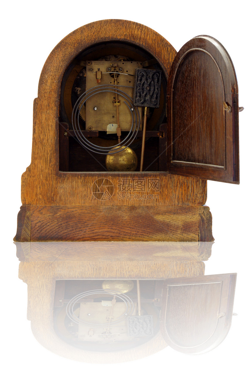 旧的反时钟手表白色滴答警报木头古董钟表小时数字时间图片