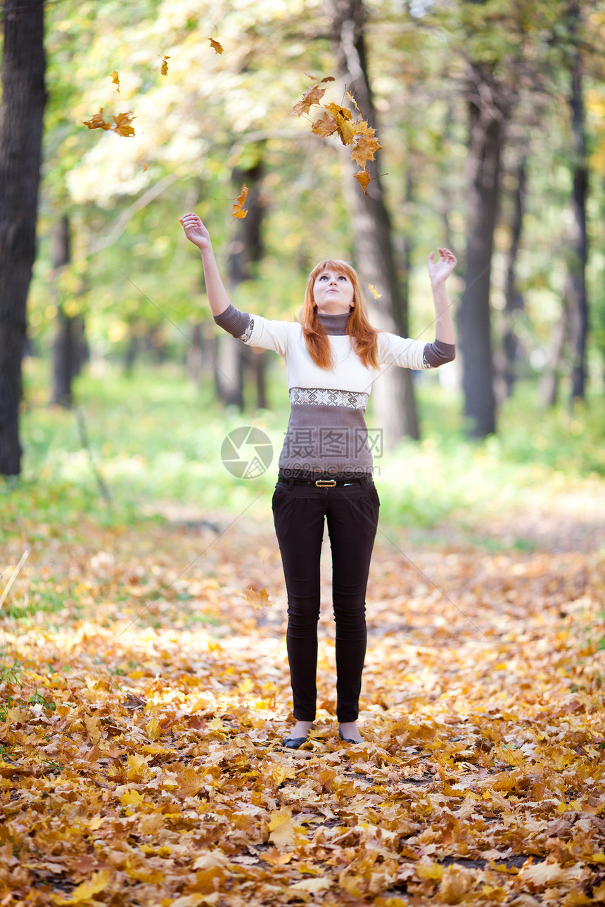 年轻红发青年青少年扔叶子 在森林中的女人喜悦微笑金子成人天气幸福女性季节学生女孩图片