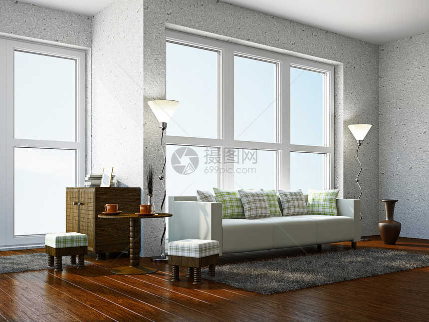 带家具的客厅公寓阳光风格软垫休息室架子长椅地毯地面时尚图片