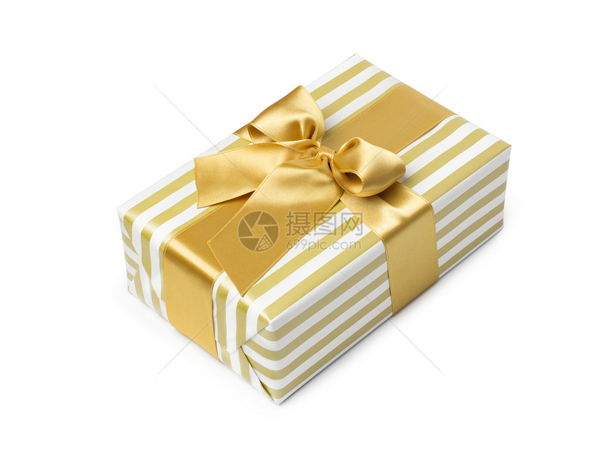金色双色的礼物盒 配有金色的带和弓 在白色背景上隔绝正方形纸板妈妈们婚礼庆典丝带生日包装零售纪念日图片