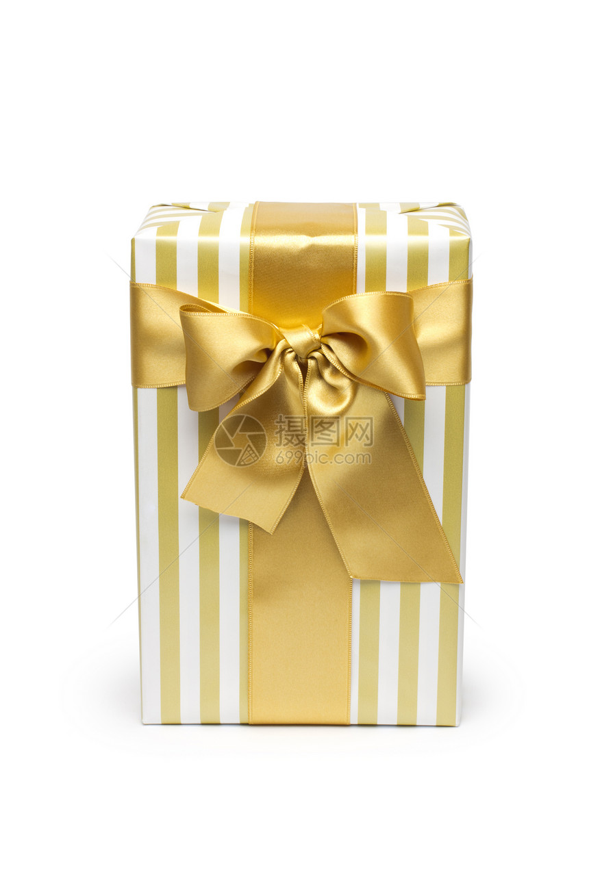 金色双色的礼物盒 配有金色的带和弓 在白色背景上隔绝零售纪念日盒子生日包装正方形庆典纸板金子丝带图片