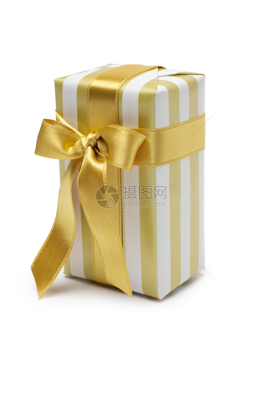金色双色的礼物盒 配有金色的带和弓 在白色背景上隔绝婚礼妈妈们纸板周年生日庆典正方形零售金子展示图片
