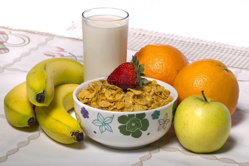 有水果和牛奶的麦杯玉米薄片小吃玻璃营养谷物橙子活力维生素小麦图片
