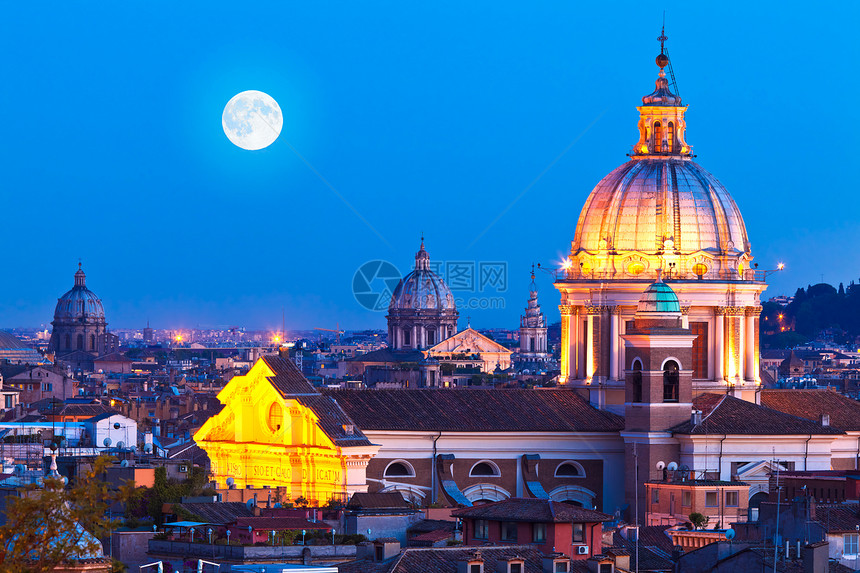 意大利罗马城市地平线风格照明首都景观圆顶建筑历史性教会图片