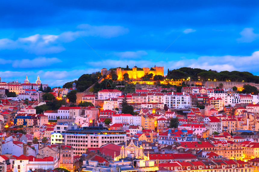 里斯本 葡萄牙照明景观房子城堡情绪天际城市地标建筑蓝色图片