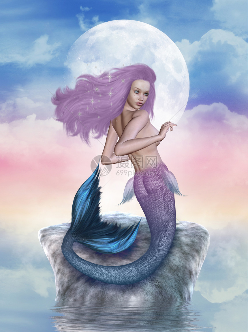 美人鱼月亮皮肤头发神话生物海洋蓝色女性女孩成人图片