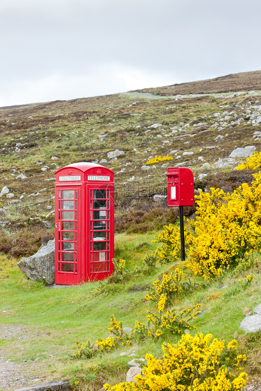 苏格兰Laid附近电话亭和信箱电话衬套摊位红色公用外观电讯邮件黄色邮箱图片