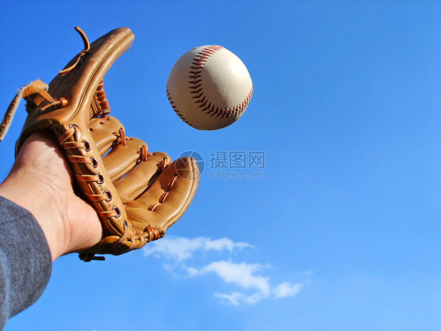 棒球接球天空鞋带乐趣游戏传统皮革手套蓝色图片