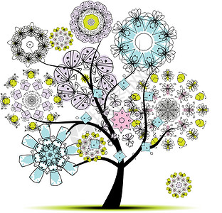 用于设计设计的花粉艺术树卡通片蓝色植物季节草图装饰品装饰环境美丽刷子背景图片