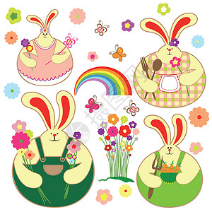 复活节兔子插图一套彩色兔子和春假花设计图片