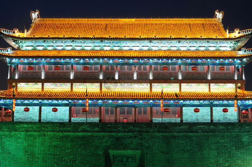 中国西安建筑学观光旅行天空城市文化历史性石头蓝色灯笼图片