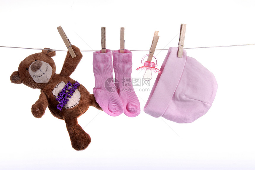 婴儿出生衣绳玩具别针粉色生日奶嘴卡片愿望衣服帽子图片