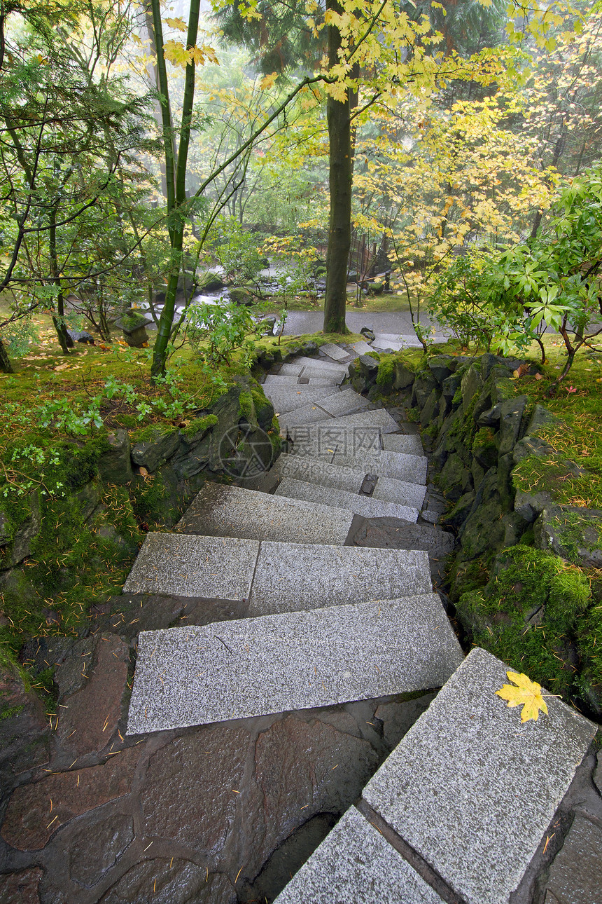 日本花园的石台阶公园岩石民众花岗岩薄雾季节楼梯脚步花园叶子图片