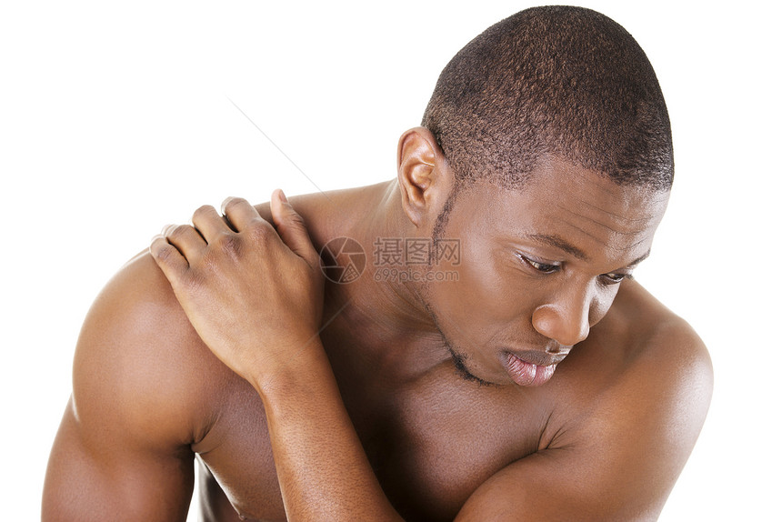 背痛的年轻人男人紧张解剖学手指按摩痛苦症状身体治疗药品图片
