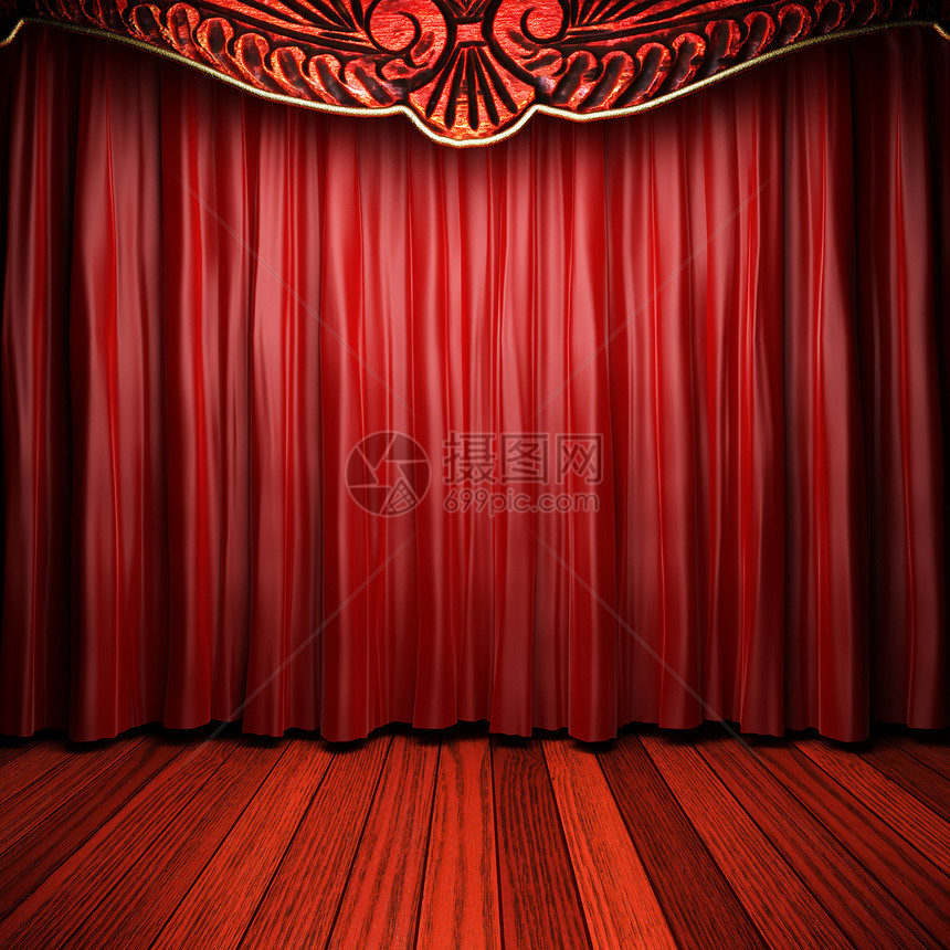 舞台上的红织布窗帘织物装潢红色衣服装饰出版物风格仪式歌剧推介会图片