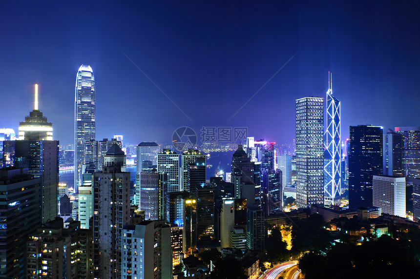 香港夜景金融摩天大楼市中心风景场景地标天际办公室城市蓝色图片