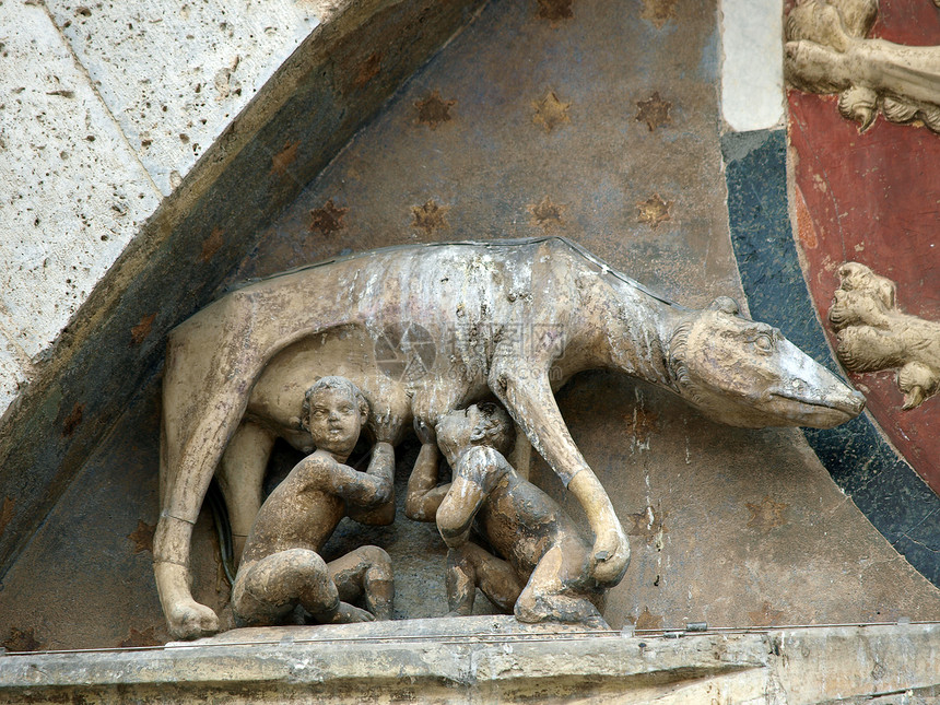 锡耶纳镇上的徽章母狼在喂婴儿罗穆卢斯和雷姆斯建筑学会议地方田野食者拱形正方形广场纹章图片