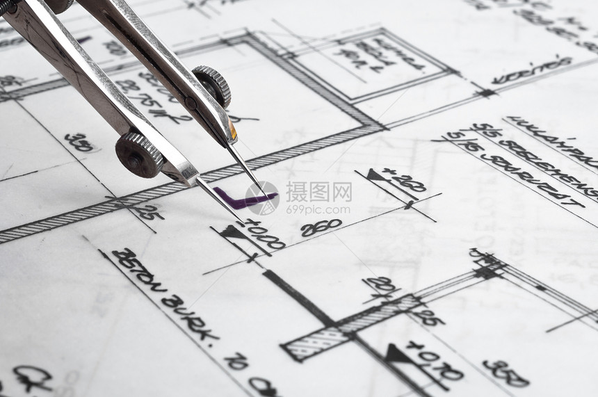 附有附件的建筑计划建造计划圆圈石墨白色项目蓝图工作照片罗盘文档测量图片