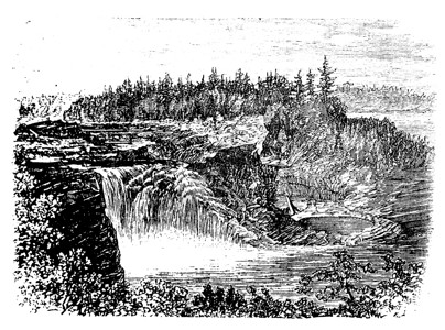 Chaudiere河瀑布 加拿大魁北克省木材流动水电锅炉城市蚀刻艺术品漩涡雕刻绘画插画