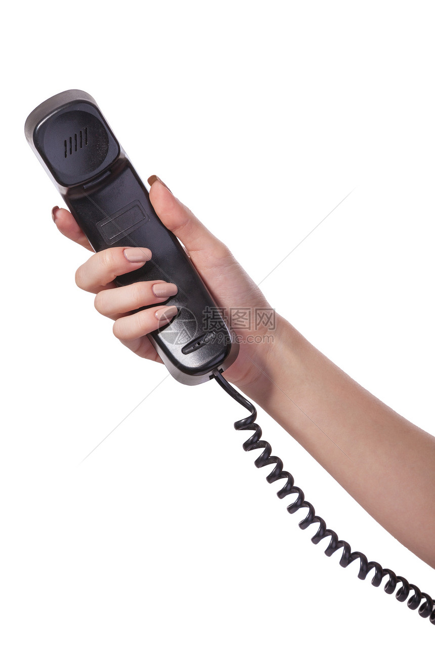 握着旧黑电话管的手听筒服务管子女士网络说话电缆女性热线商业图片