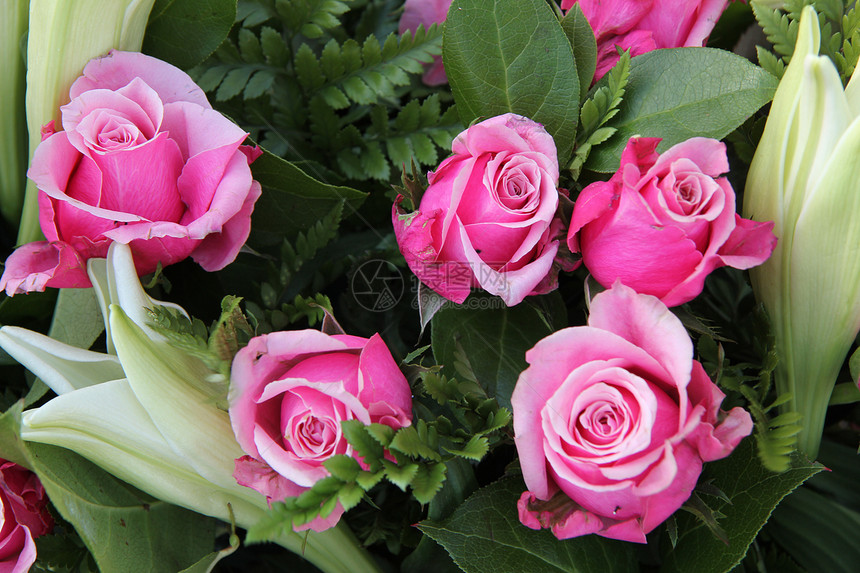 新娘玫瑰和圆珠花店绿色粉色植物群百合花束白色花瓣婚姻团体图片