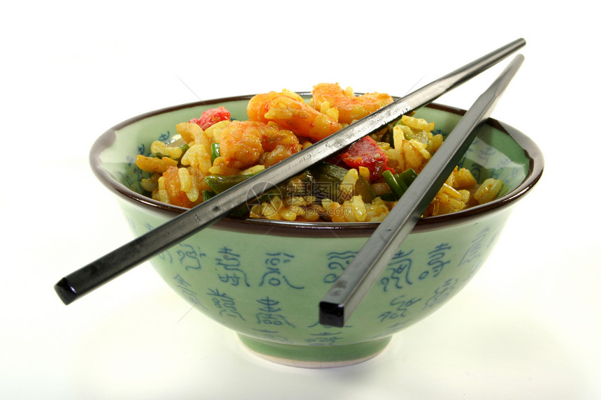 稻米加亚洲虾虾筷子香米炒菜食物绿色蔬菜盘子炒锅美食炒面图片